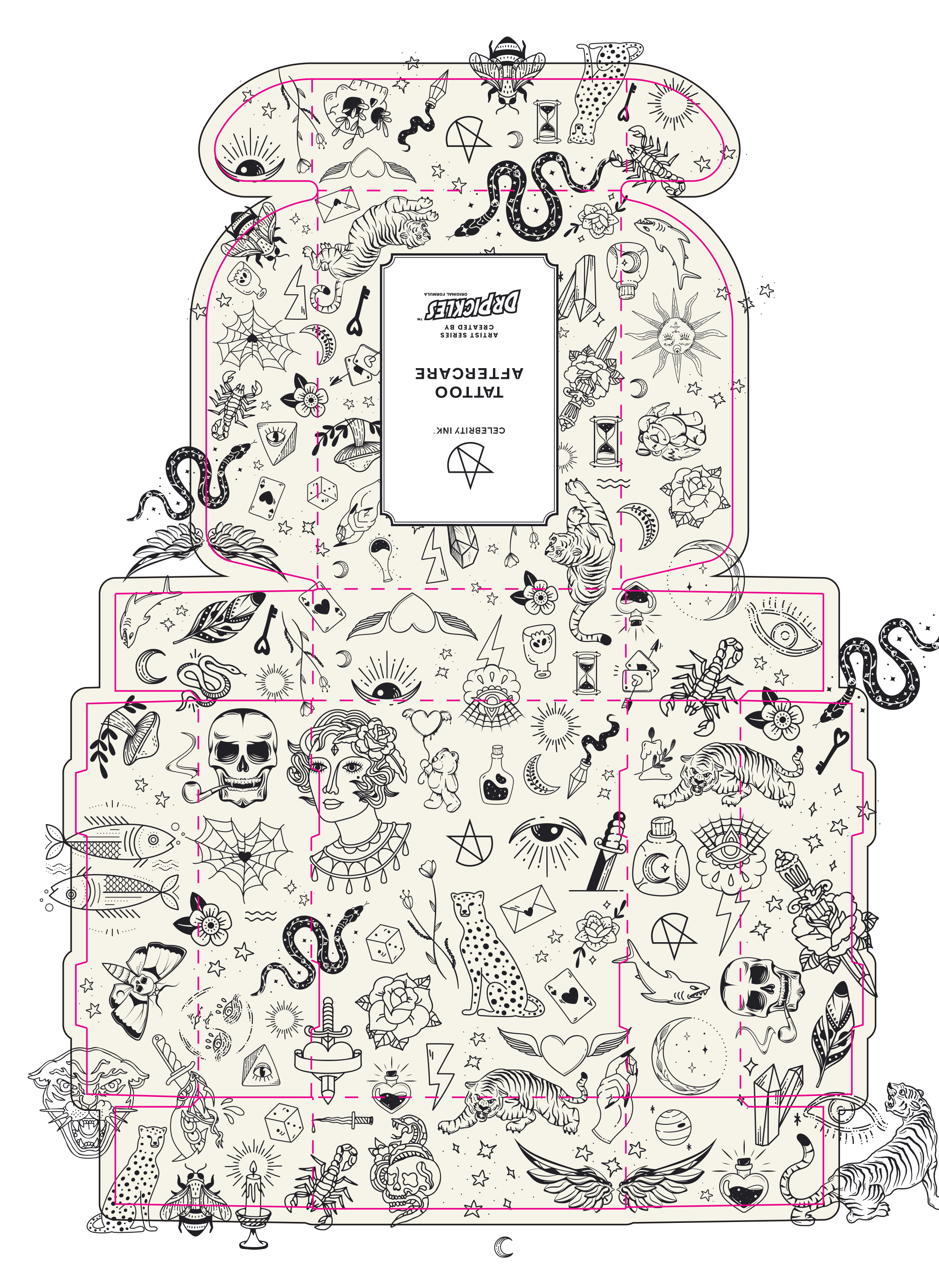 Dr Pickles x Celebrity Ink aftercare carton die-cut keyline