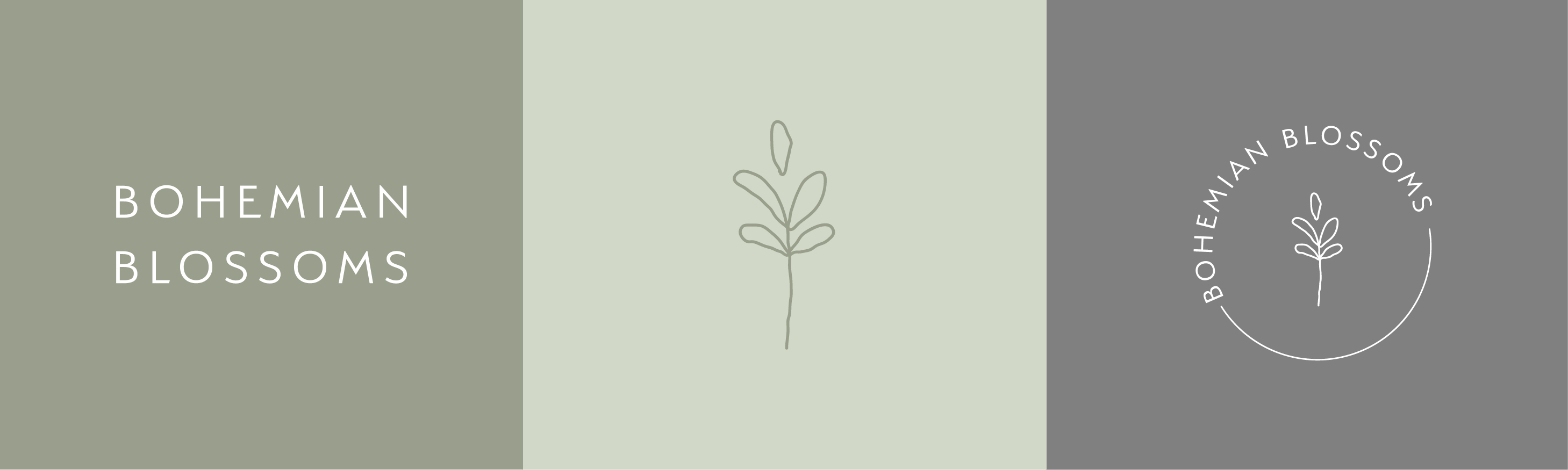 Three logo variations: wordmark on sage, hand-drawn stem on pale green, circular lockup on grey